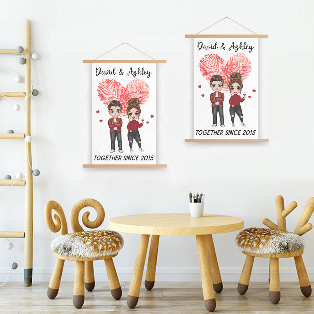 Doll Couple Together Since Anniversary Gift Personalized Wall Scroll Painting With Wooden Poster Hanger