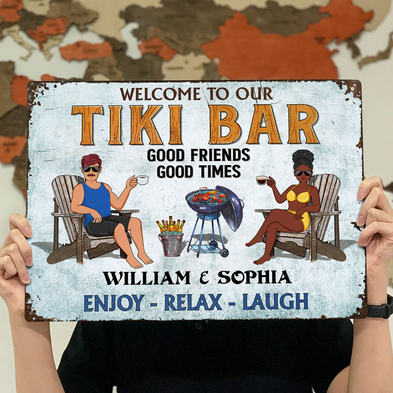 Poolside Grilling Listen To The Good Music Couple - Backyard Sign - Personalized Custom Classic Metal Signs