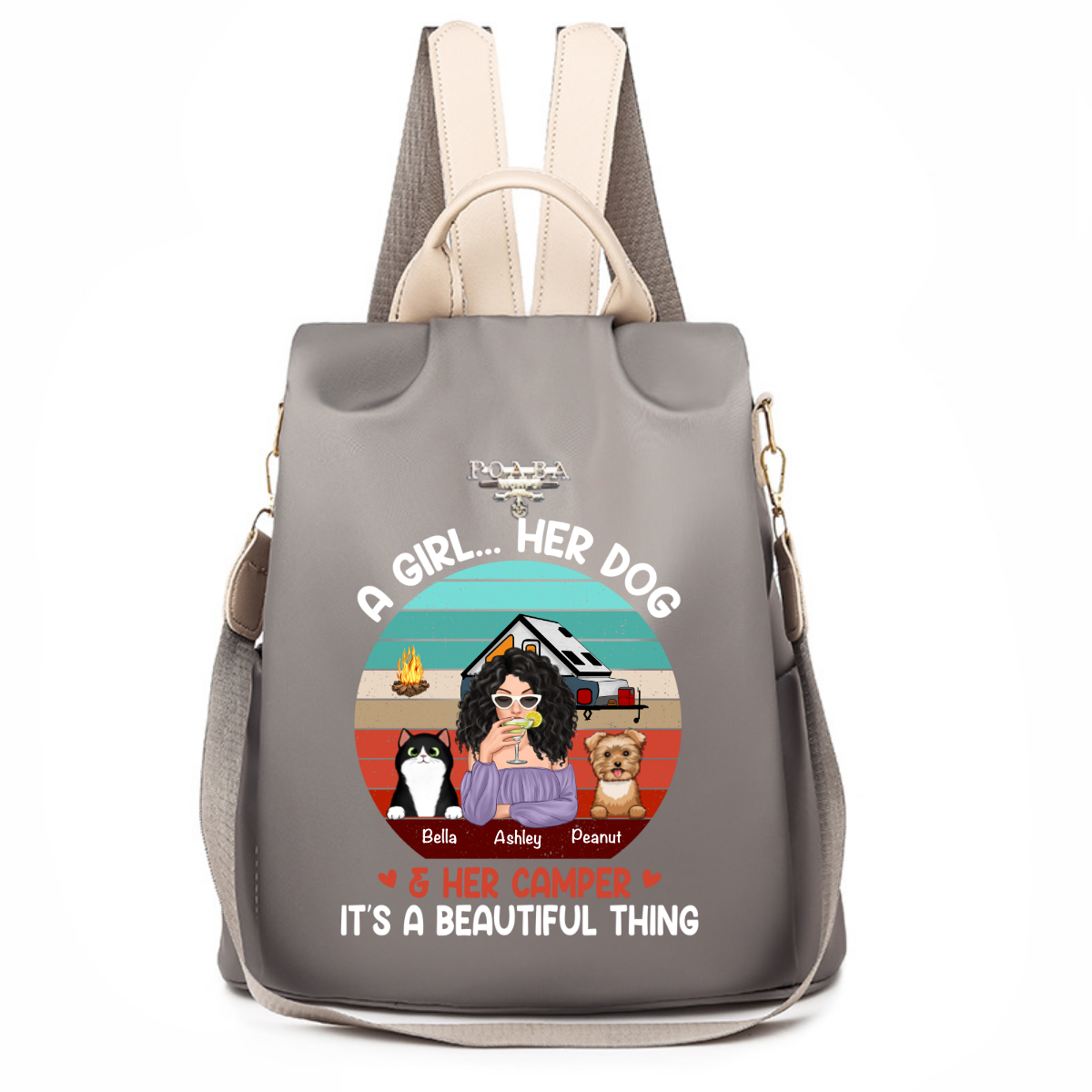 Camping Girl And Fur Babies Retro Personalized Backpack