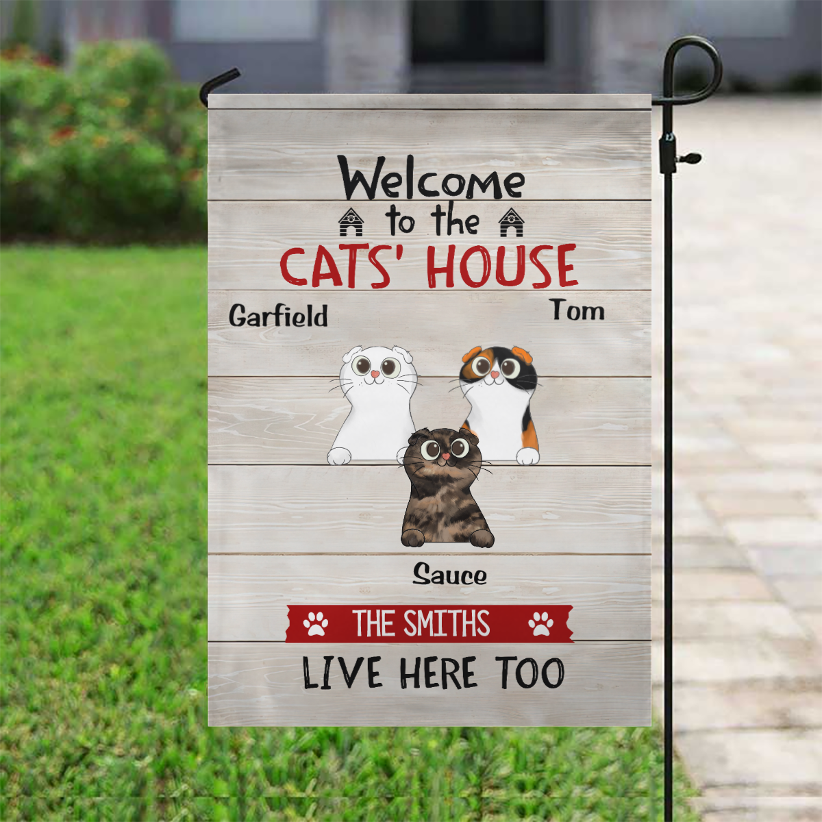 Welcome To The Cat House Cartoon Peeking Cat Personalized Garden Flag