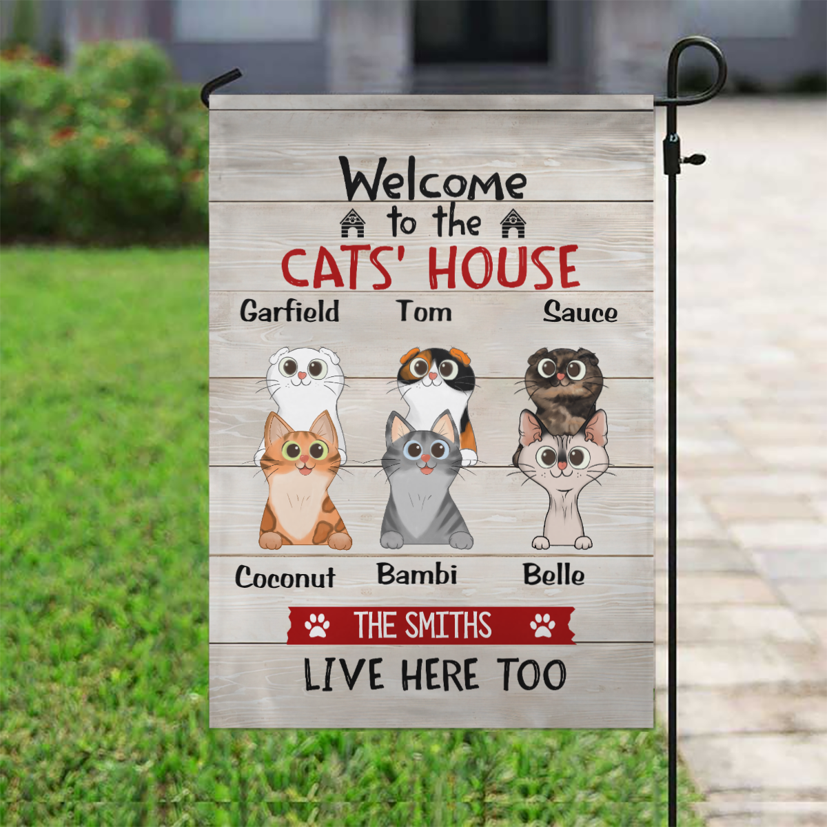 Welcome To The Cat House Cartoon Peeking Cat Personalized Garden Flag