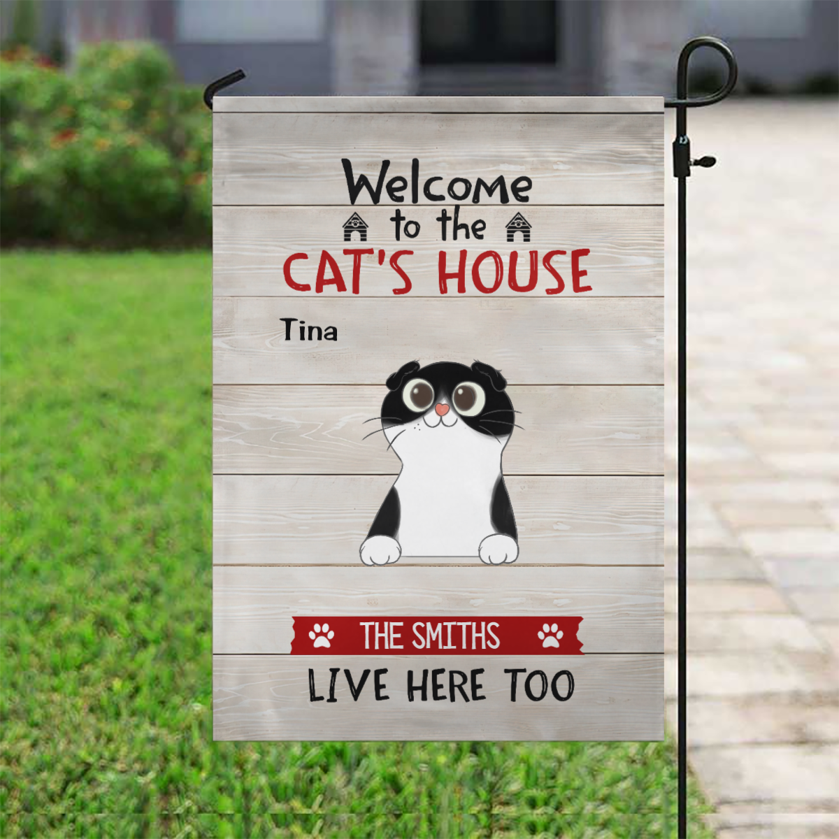 Welcome To The Cat House Cartoon Peeking Cat Personalized Garden Flag
