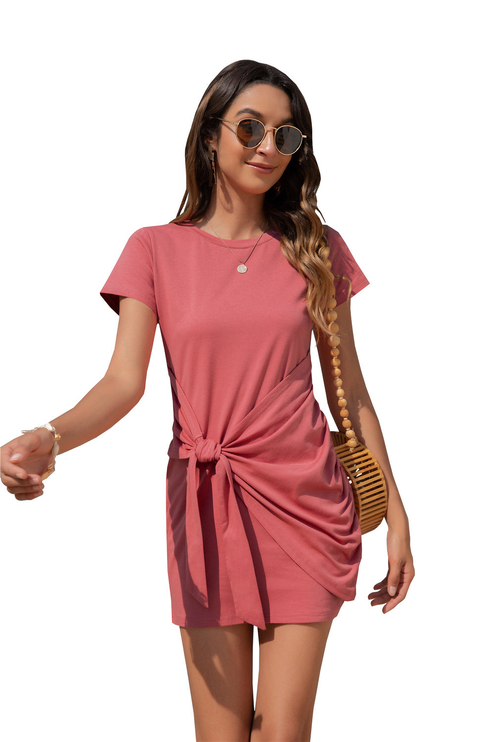 Dog Mom Red Patterned Dress With O-Neck Short Sleeve