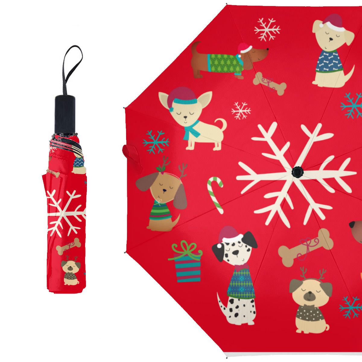 Cute Christmas Dogs Snowflakes Pattern Red Brushed Polyester Umbrella No.6TF69G