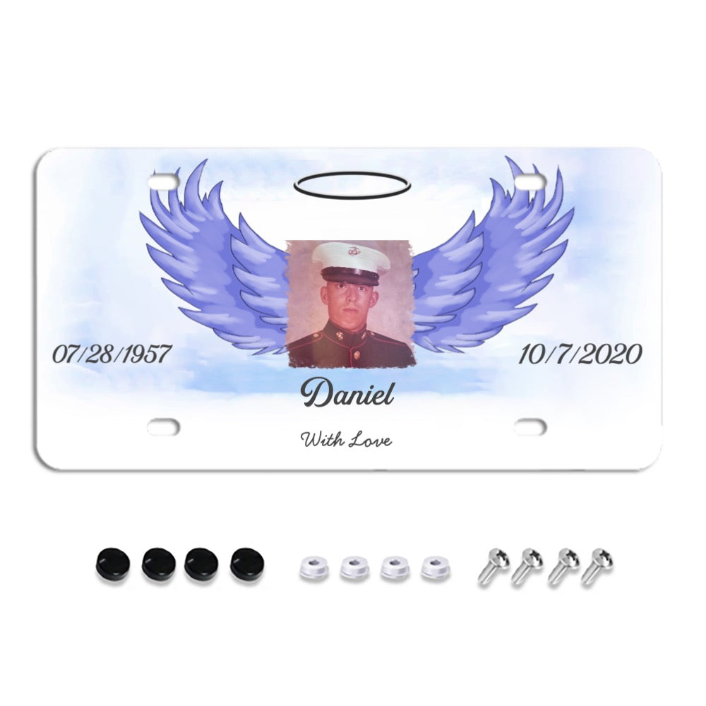 Unique Custom License Plate, Personalized Photo & Texts Angle Wing Memorial Decorative Front License Plate