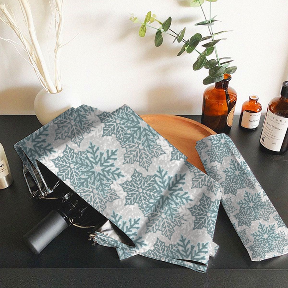 Teal Glitter Snowflakes Brushed Polyester Umbrella No.OHVAJG