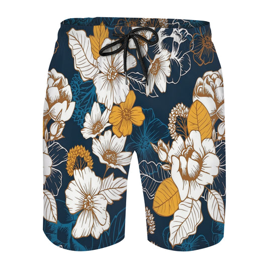 Navy And Gold Peony And Blossom Seamless Pattern Graphic Men's Swim Trunks No.PRULCU