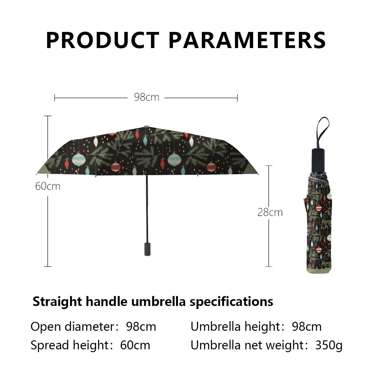 Vintage Ornaments Black Red Patterned Christmas Brushed Polyester Umbrella No.VFWBCS