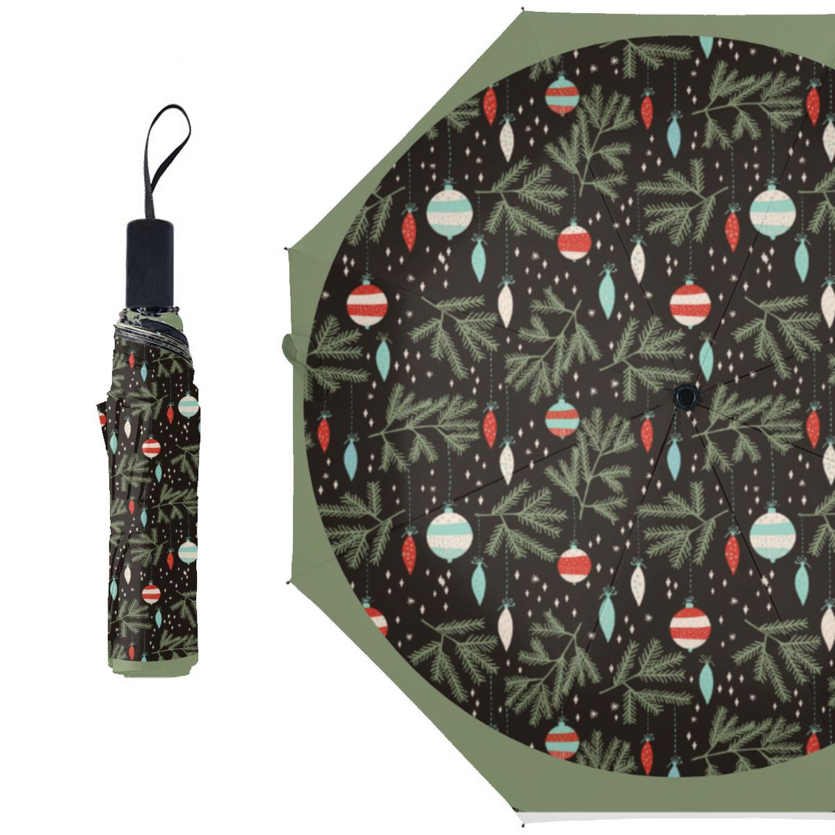Vintage Ornaments Black Red Patterned Christmas Brushed Polyester Umbrella No.VFWBCS