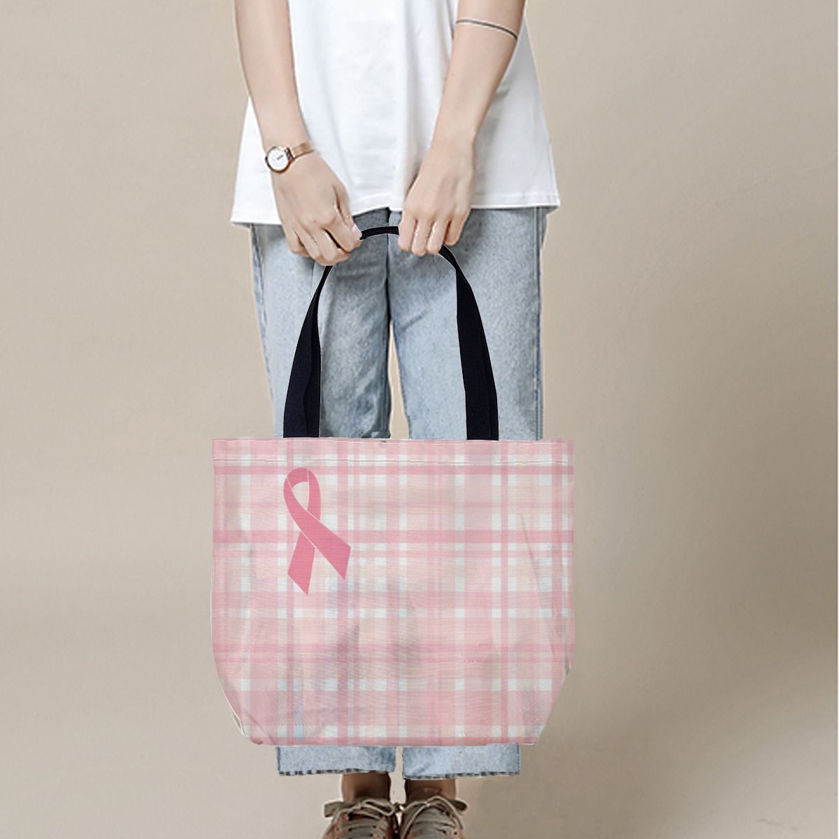 Breast Cancer Pink Ribbon Plaid Canvas Bag No.X93MBO