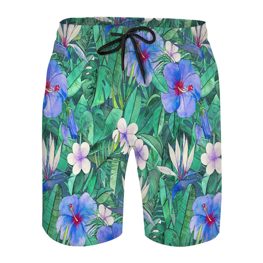 White Bird Of Paradise & Blue Hibiscus Tropical Garden Graphic Men's Swim Trunks No.XVWBJE
