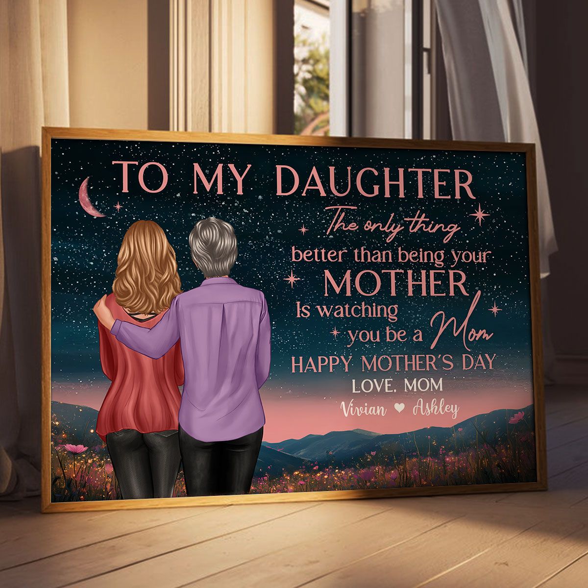 Mother & Daughter In Beautiful Hill At Night Watching You Be A Mom Personalized Canvas, Mother's Day Gift