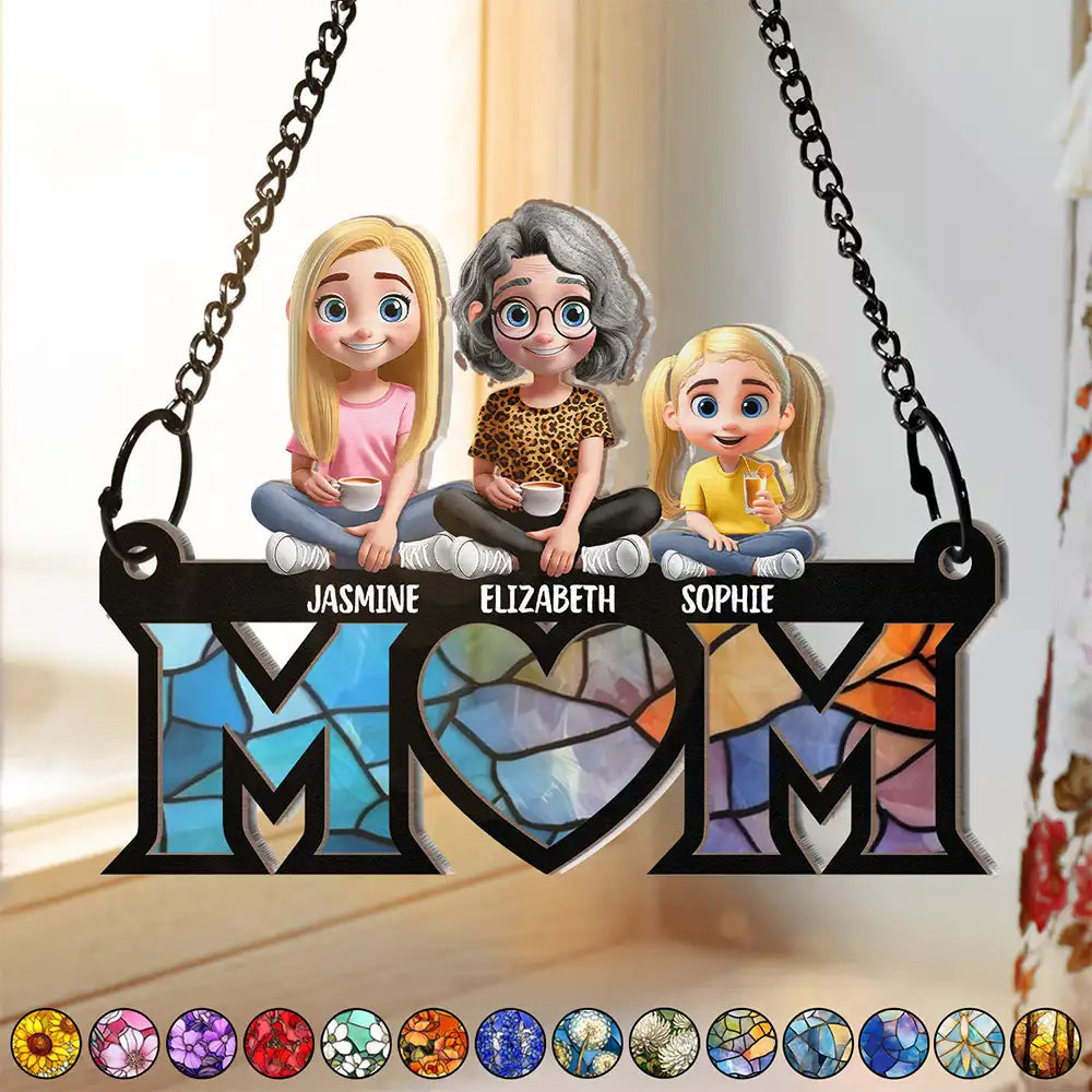 Mom Nana Sitting With Children - Personalized Window Hanging Suncatcher Ornament