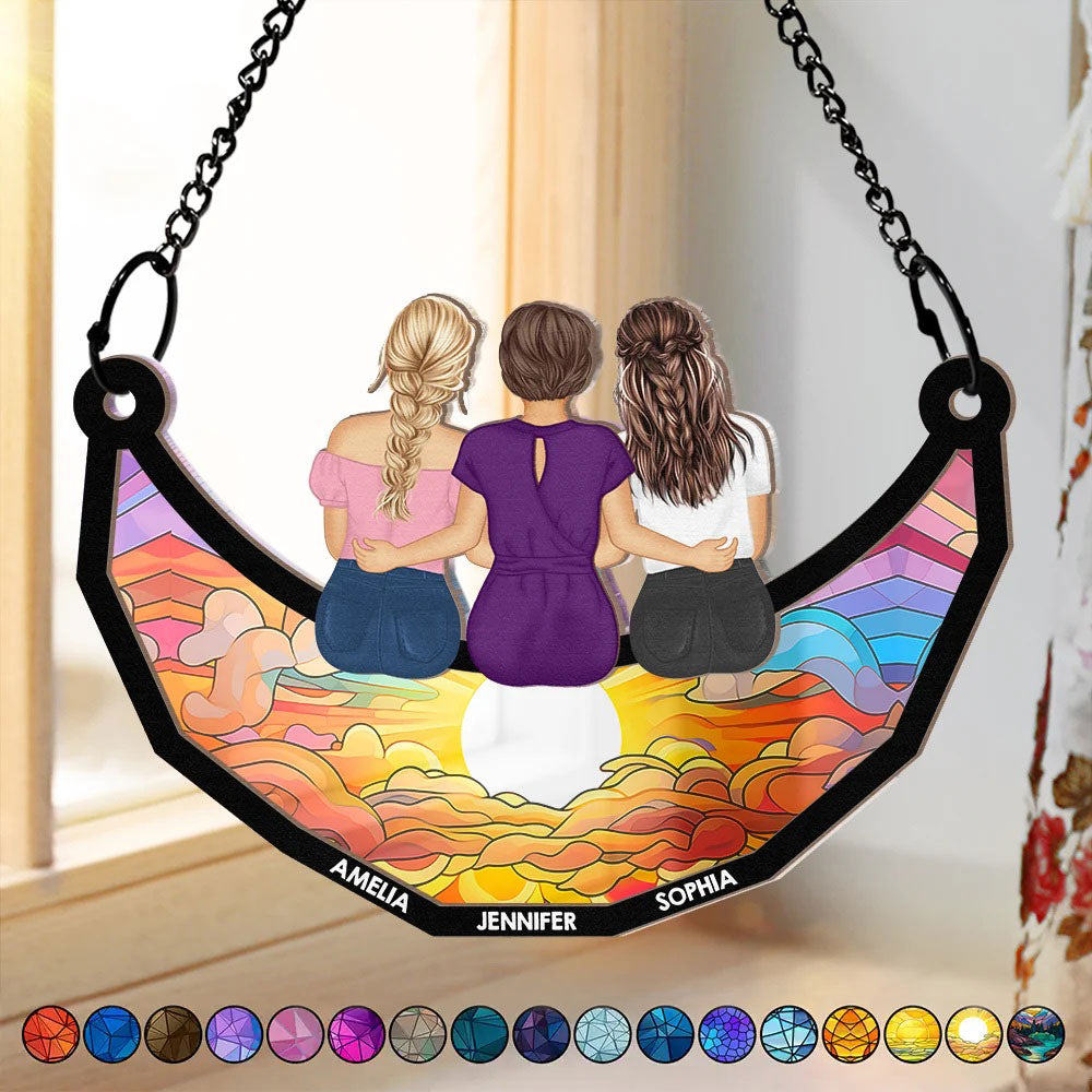 Grandma And Grandkids On The Moon - Personalized Window Hanging Suncatcher Ornament