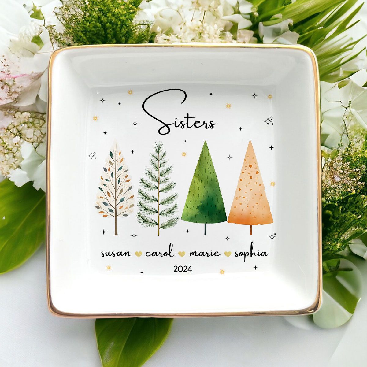 Christmas Trees Besties Sisters Personalized Jewelry Dish, Bridesmaid Gift, Best Friend Flower Ring Dish, Gift for Bestie, Christmas Gifts