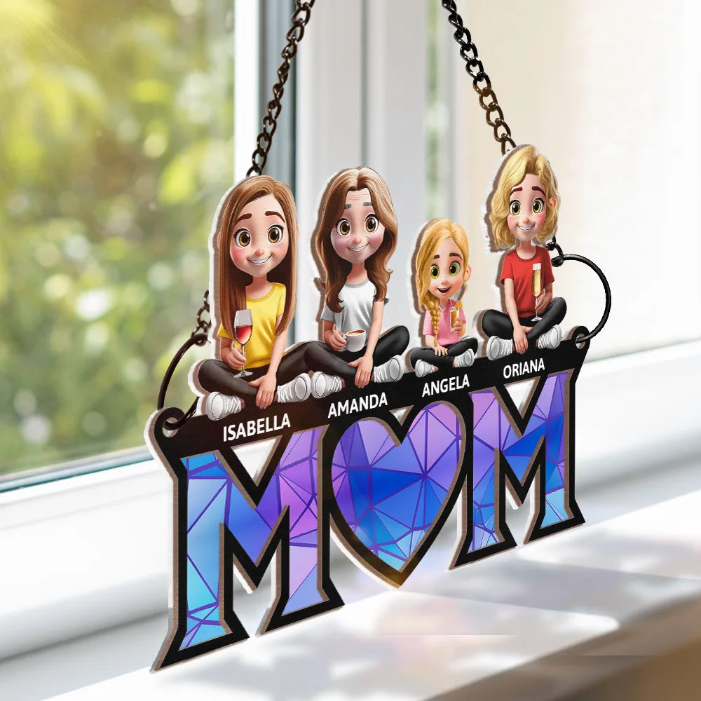 Mother Daughter Son We Love You Mom 3D Cartoon - Personalized Window Hanging Suncatcher Ornament