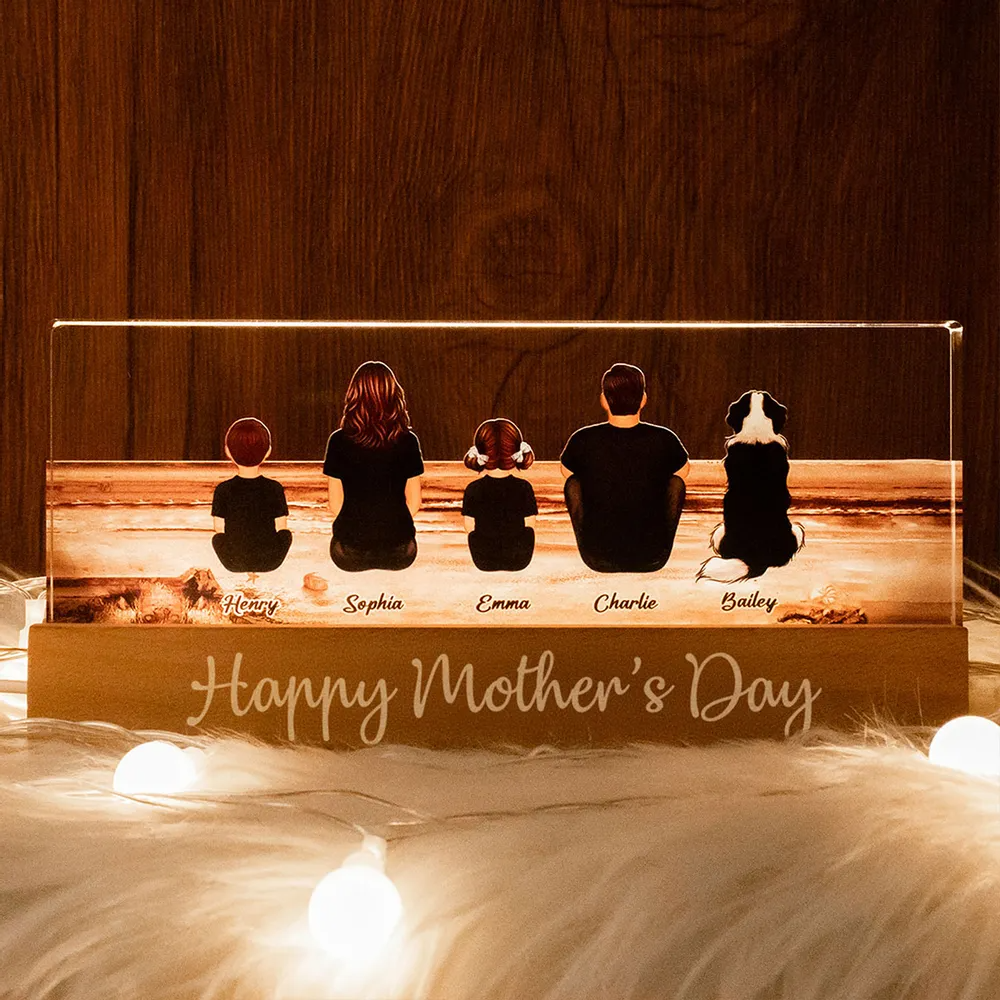 Family Sitting Back View Retro Vintage Beach Landscape Acrylic LED Night Light, Gift For Mom, Gift For Dad