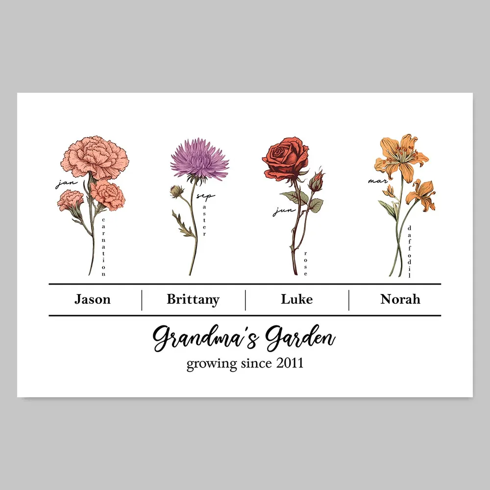 Vintage Birth Month Flowers Grandma‘s Garden With Kids Names Flowers Names Personalized Horizontal Poster