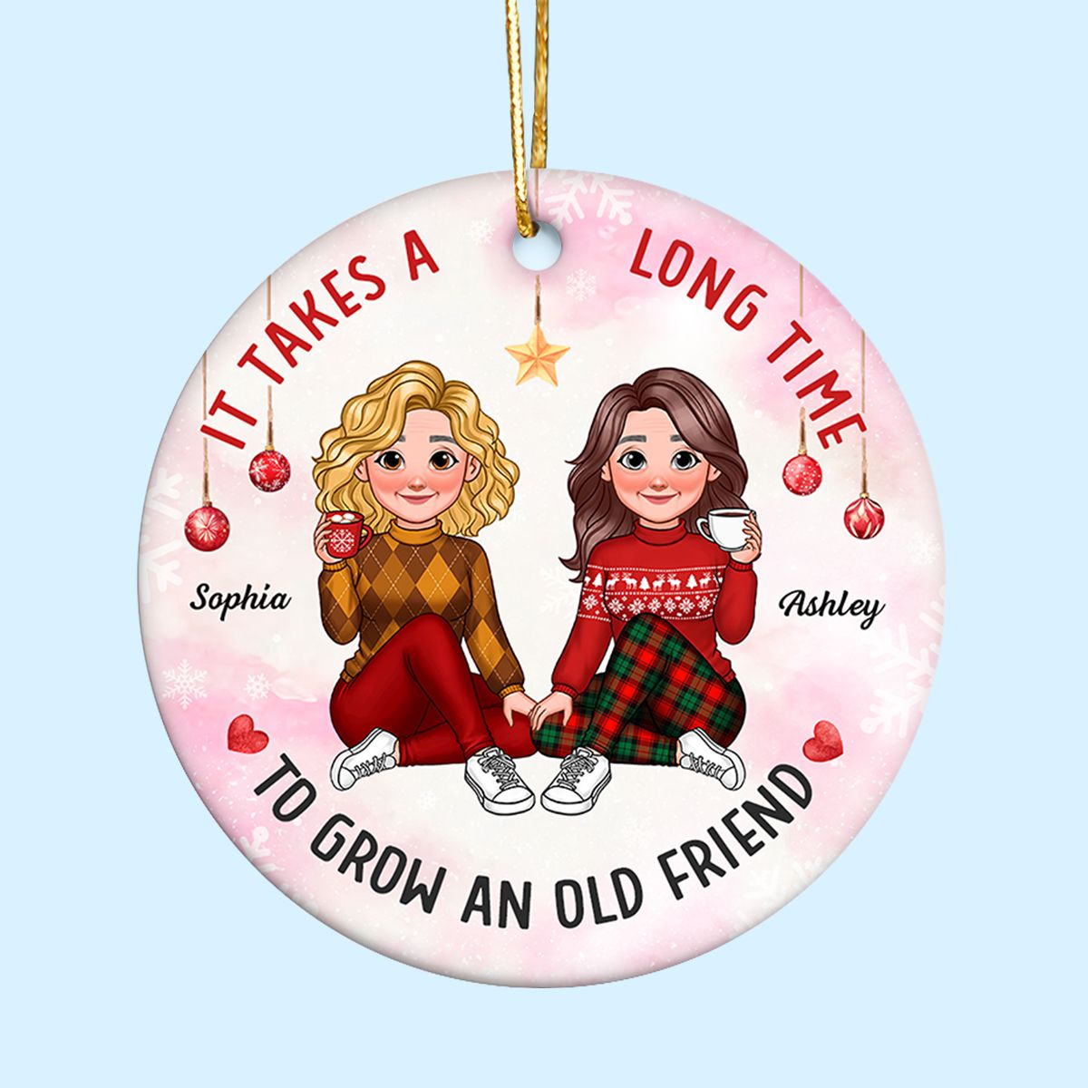 It Takes A Long Time To Grow An Old Friend Animated Besties Personalized Ceramic Ornament, Christmas Gift For Best Friend