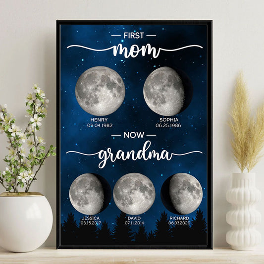 Galaxy Night First Mom Now Grandma Custom Birth Moon Phase Personalized Canvas, Mother's Day Gift