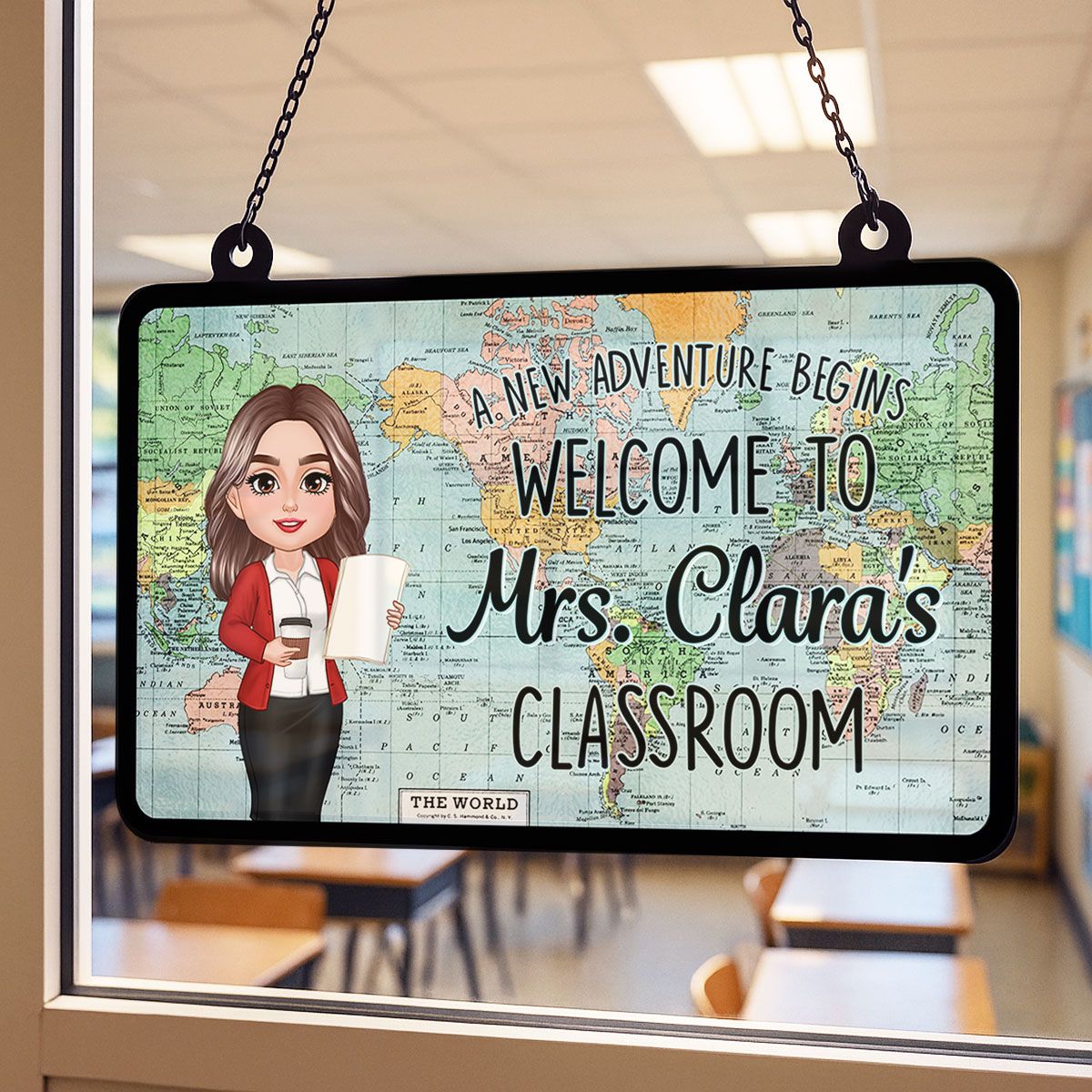 World Map Adventure Themed Welcome To Classroom Personalized Acrylic Suncatcher, Back To School, Classroom Decor