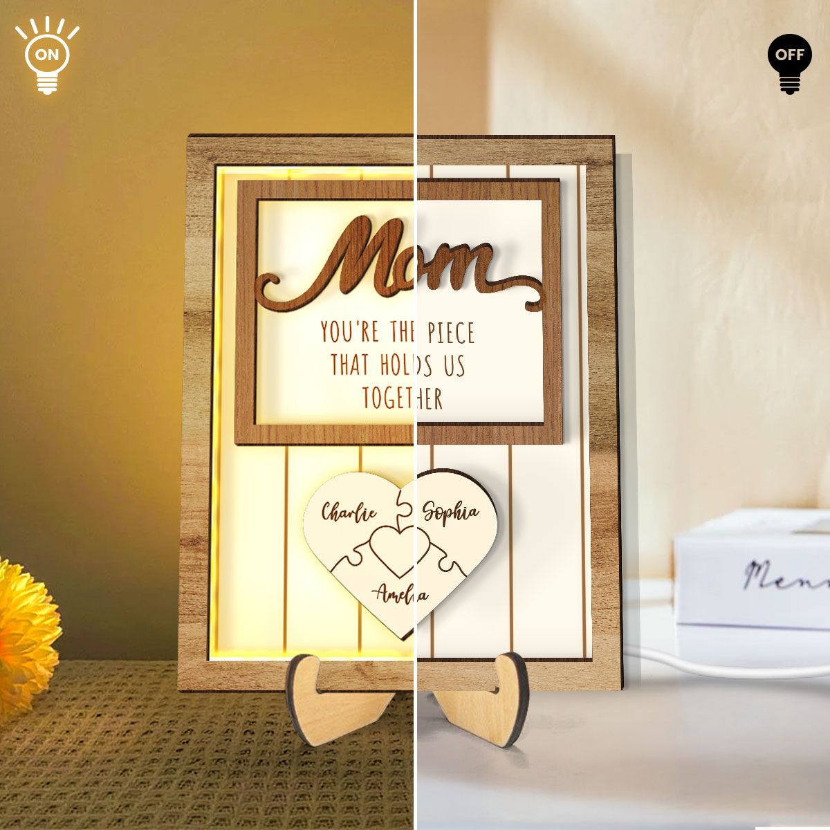 Mom You're The Piece that Holds Us Together Personalized 2-Layered Wooden Frame with LED, Heartfelt Mother's Day Gift for Mom, Grandma