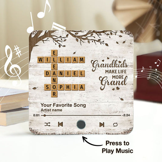 Grandkids Make Life More Grand, Crossword Puzzle Art Personalized Music Fridge Magnet, Mother's Day Gift for Grandma
