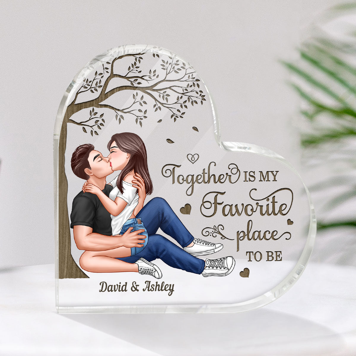 Sexy Couple Kissing Under Wooden Tree Personalized Acrylic Heart Plaque