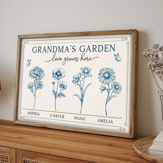 Grandma's Garden Retro Birthmonth Flower Personalized Canvas, Grandkids Names Floral Gift