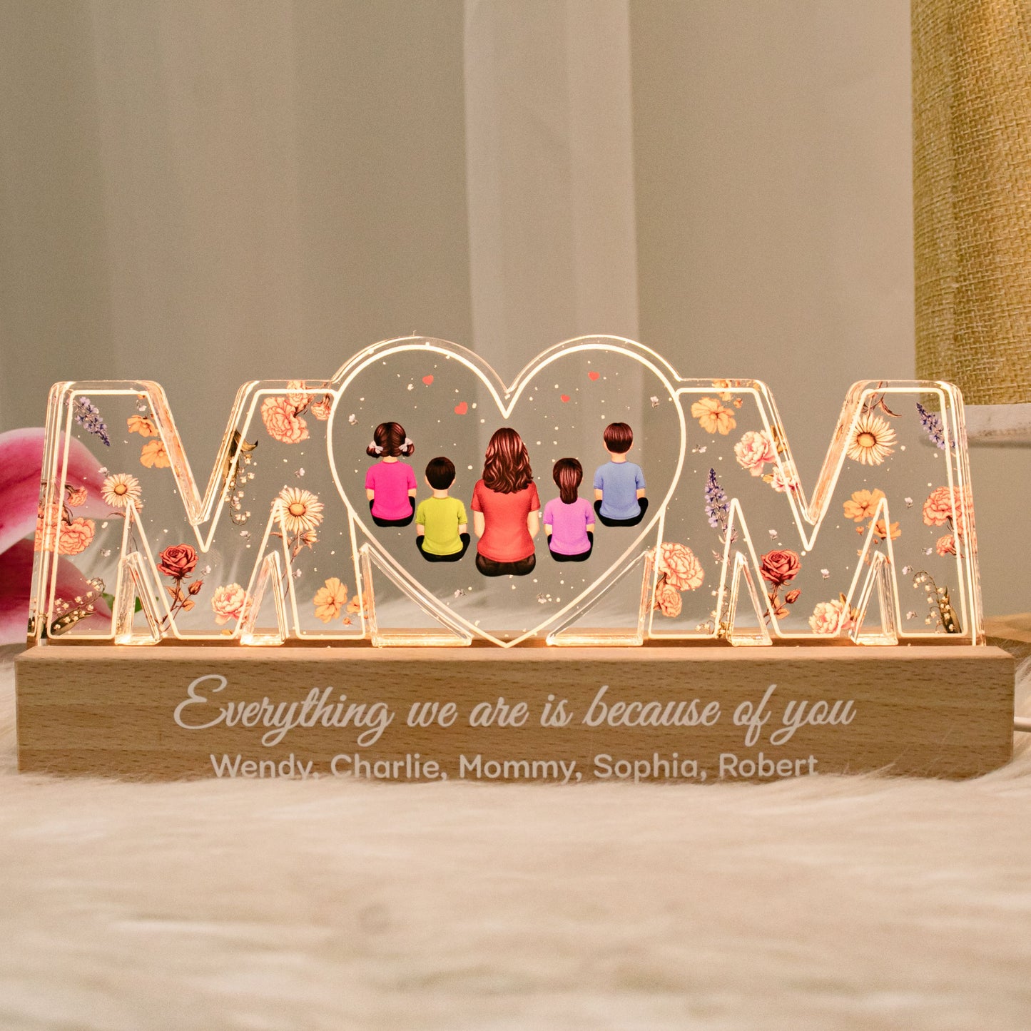 Mom Everything I Am Is Because Of You Personalized LED Night Light, Birth Month Flower, Gift For Mom, Grandma