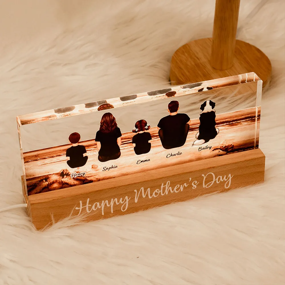 Family Sitting Back View Retro Vintage Beach Landscape Acrylic LED Night Light, Gift For Mom, Gift For Dad