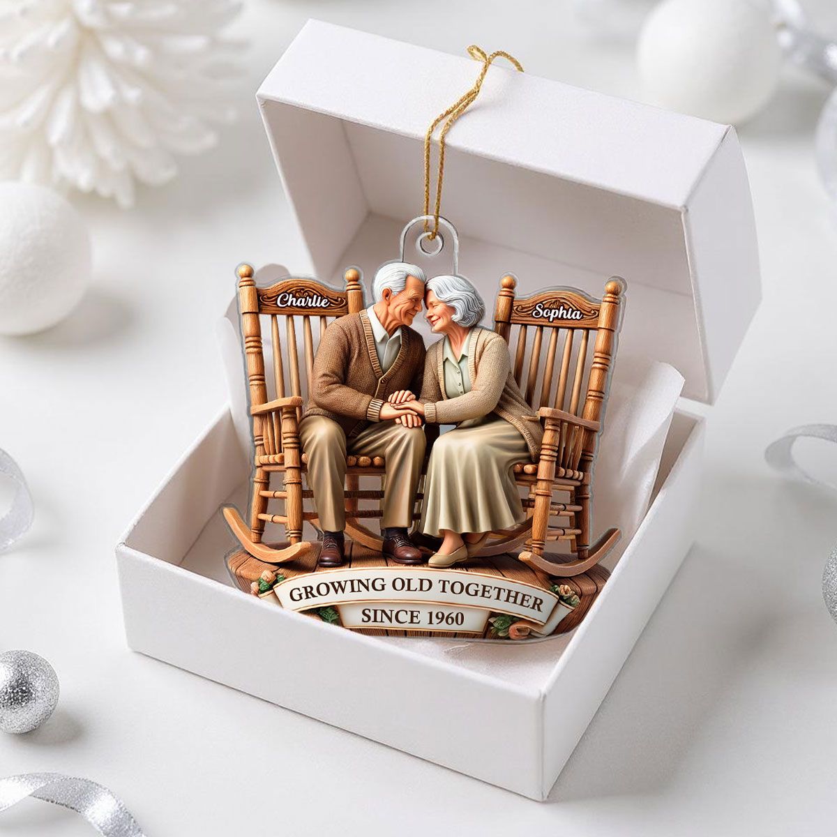 3D Effect Old Couple Sitting On Rocking Chairs Together Personalized Acrylic Ornament