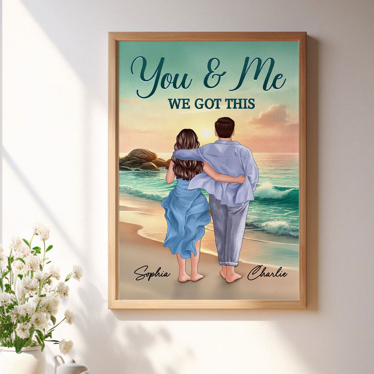 Back View Couple Embracing & Walking On The Beach Personalized Canvas, Heartfelt Gift For Couple, For Him, For Her, Boyfriend, Girlfriend, Husband, Wife