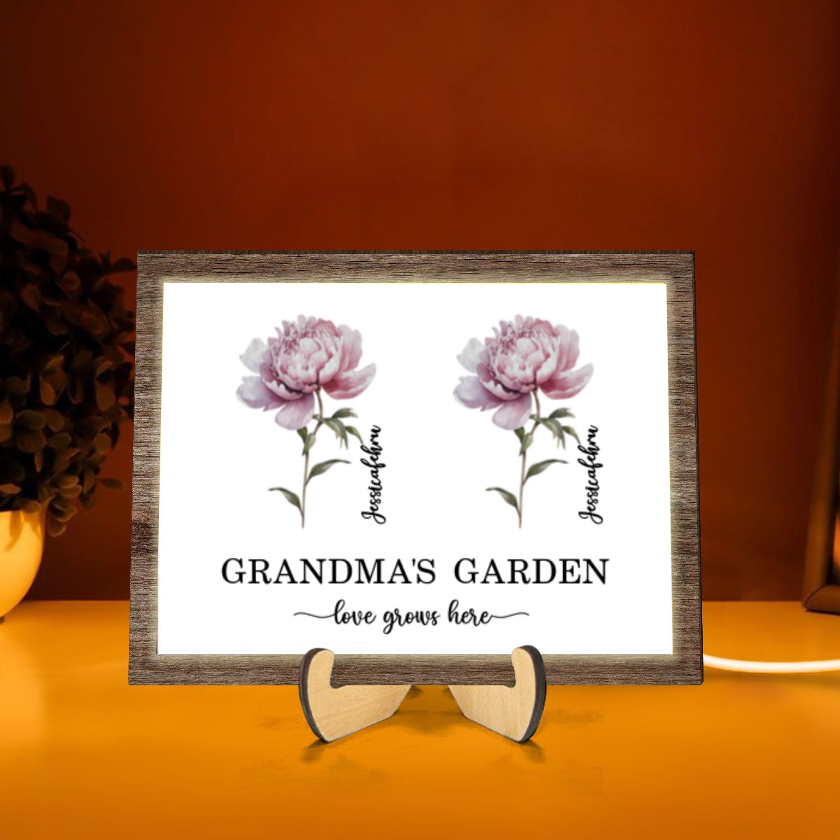 Grandma's Garden Love Grows Here Birth Month Flower Personalized 2-Layered Wooden Frame with LED, Heartfelt Mother's day gift for Grandma, Mom
