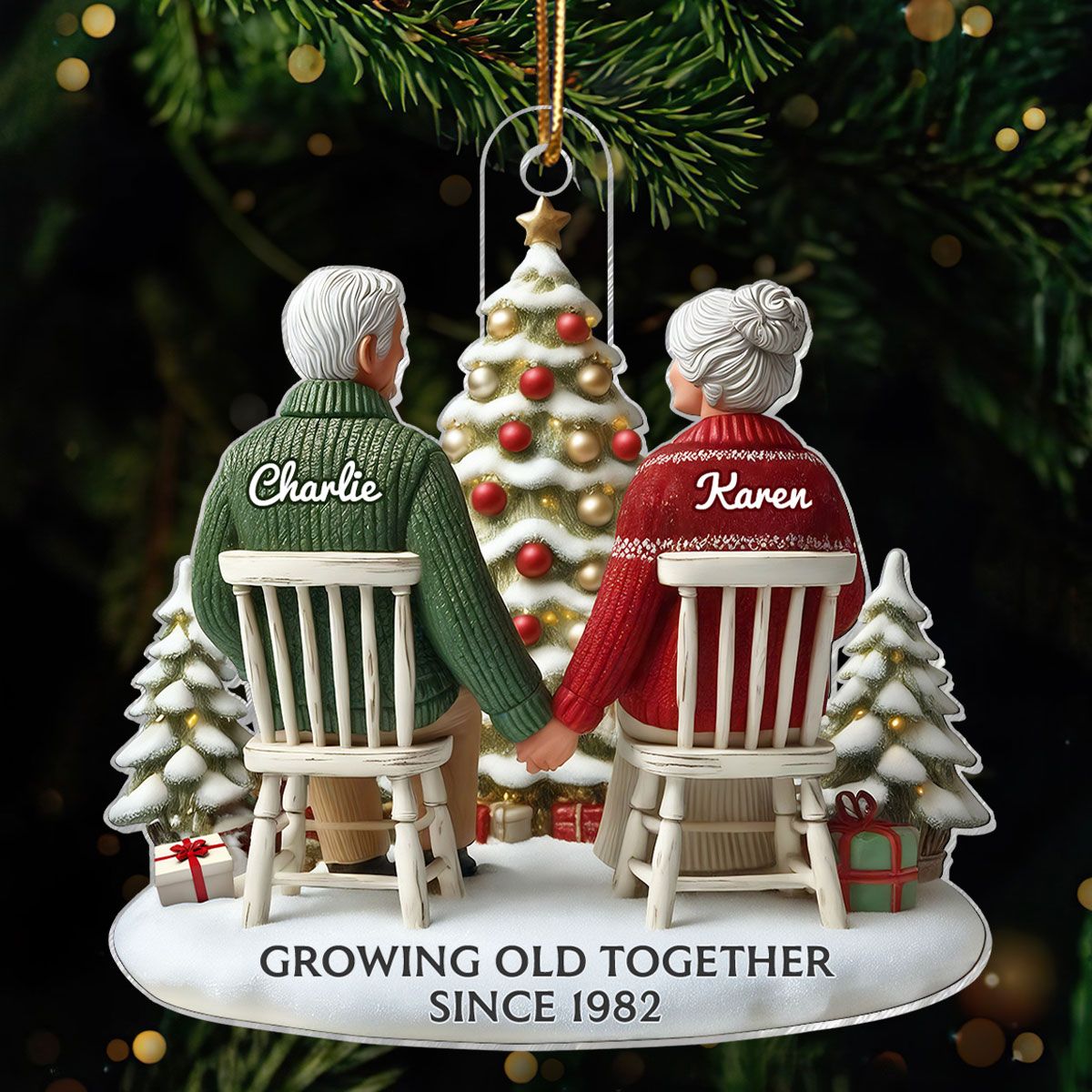 Old Couple Growing Old Together Christmas Personalized Flat Acrylic Ornament, Christmas Gift For Him, For Her, Husband, Wife