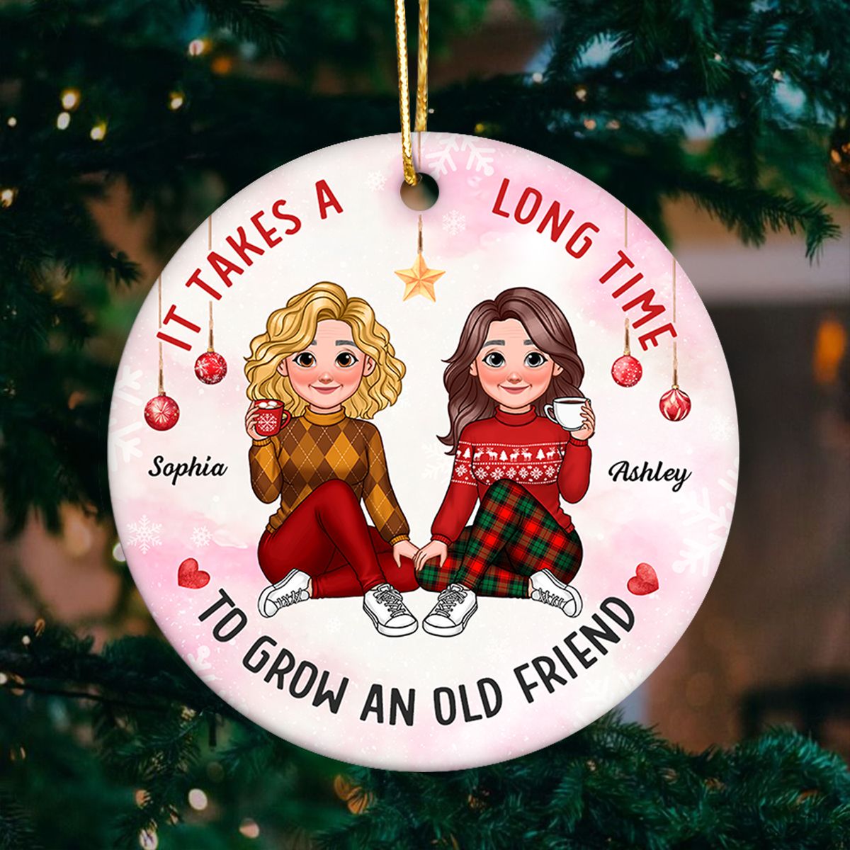 It Takes A Long Time To Grow An Old Friend Animated Besties Personalized Ceramic Ornament, Christmas Gift For Best Friend