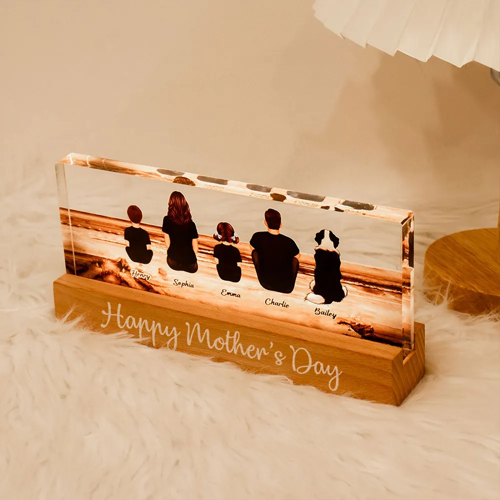 Family Sitting Back View Retro Vintage Beach Landscape Acrylic LED Night Light, Gift For Mom, Gift For Dad