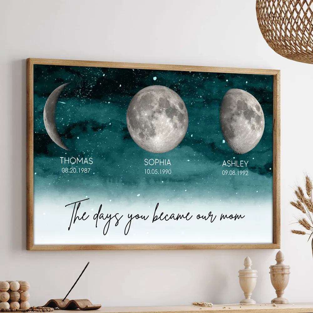 Starry Night The Day You Became Mom Custom Birth Moon Phase Personalized Canvas, Heartfelt Mother's Day Gift For Mom, Grandma