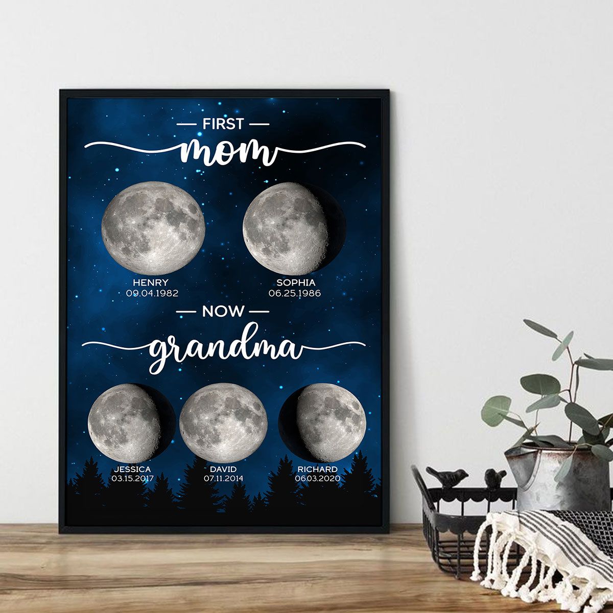 Galaxy Night First Mom Now Grandma Custom Birth Moon Phase Personalized Canvas, Mother's Day Gift