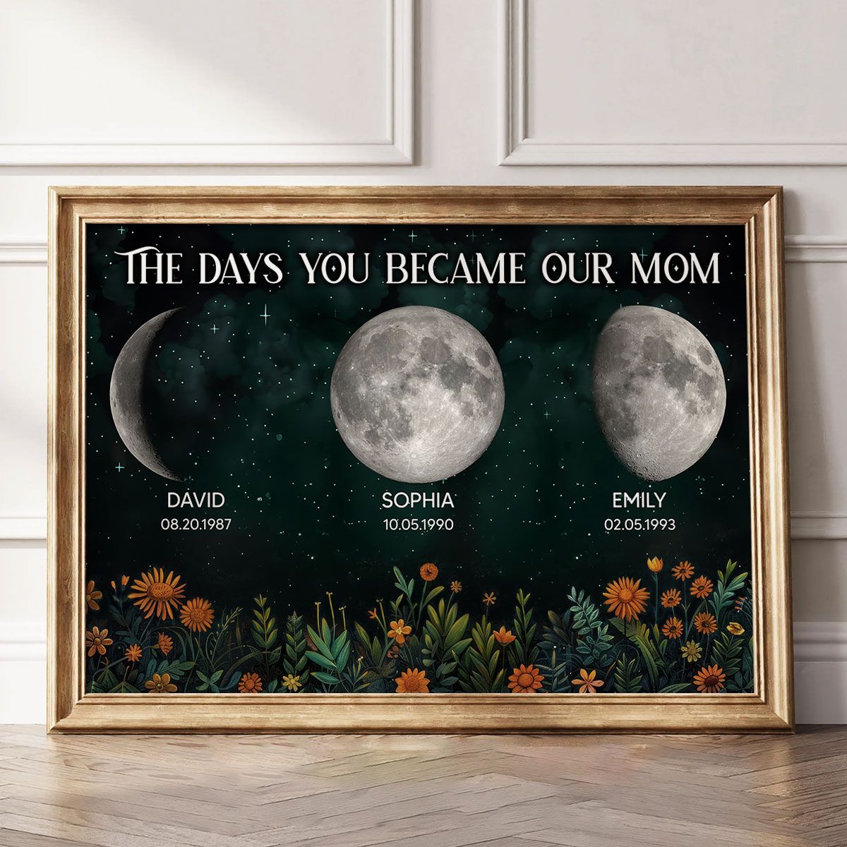Vintage Flowers The Day You Become Mom Grandma Custom Birth Moon Phase Personalized Canvas, Mother's Day Gift