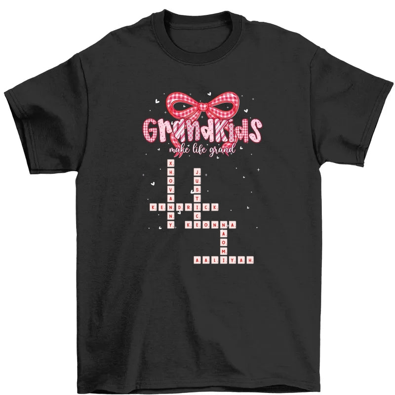Grandkids Make Life Grand Preppy Valentine Pattern Crossword Puzzle Art - Personalized Shirt - Valentine's Day Gift For Grandma