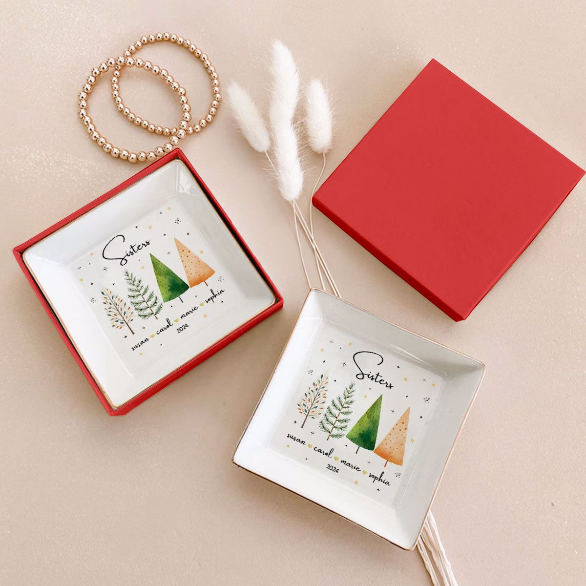 Christmas Trees Besties Sisters Personalized Jewelry Dish, Bridesmaid Gift, Best Friend Flower Ring Dish, Gift for Bestie, Christmas Gifts