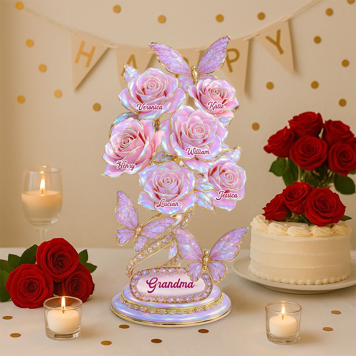 Beautiful Roses With Kids Names Pearl & Stone Effect Personalized Flat Acrylic Block Plaque