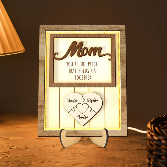 Mom You're The Piece that Holds Us Together Personalized 2-Layered Wooden Frame with LED, Heartfelt Mother's Day Gift for Mom, Grandma
