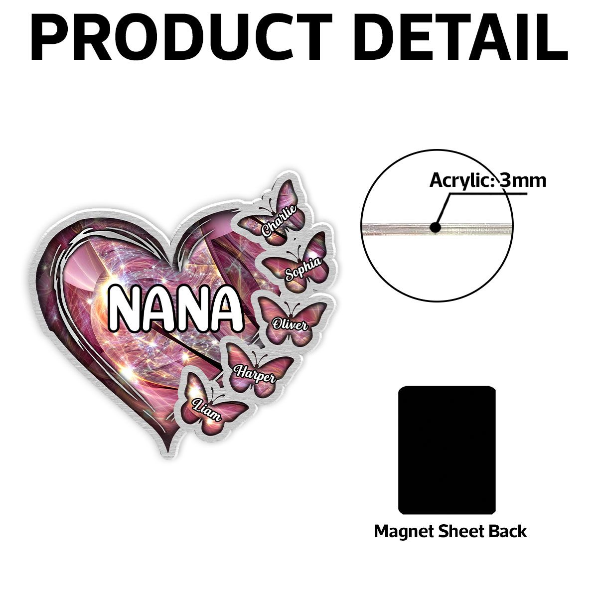 Sparkling Grandma Mom Heart Butterfly Kids Personalized Acrylic Magnet