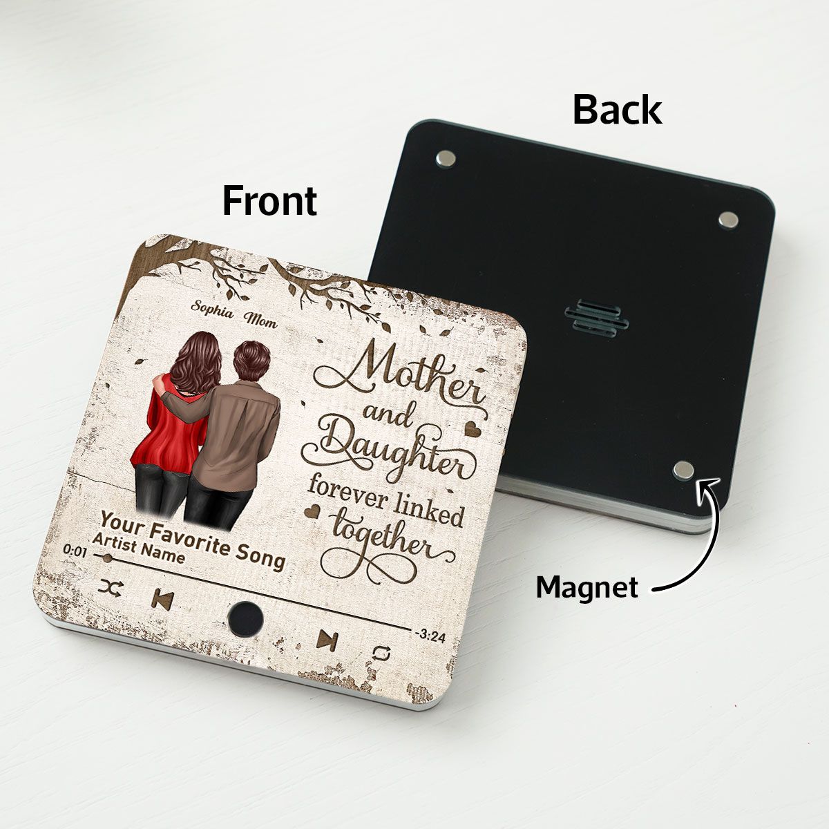 Mother & Daughter Son Under Tree Forever Linked Together Personalized Music Fridge Magnet, Heartfelt Gift For Mom