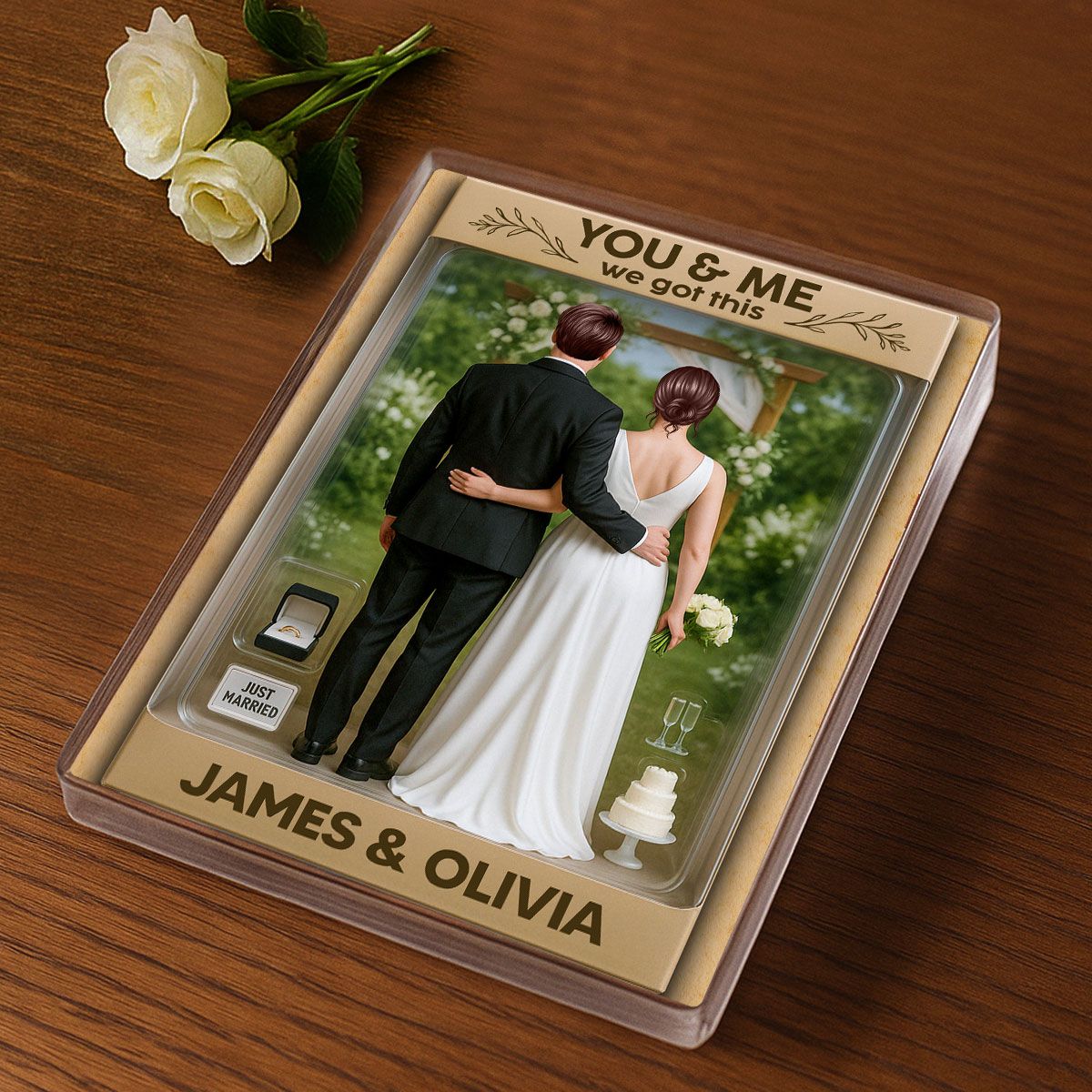 Bride & Groom Couple Toy Box Figures Style Garden Wedding Theme Personalized Acrylic Block Plaque, Wedding Gift, Newlyweds Gift