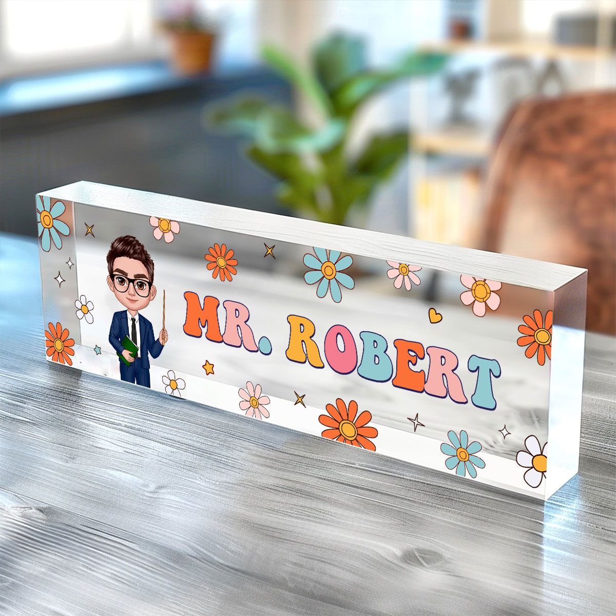 Groovy Retro Teacher Name Sign, Back To School Teacher Gifts Personalized Teacher Acrylic Desk Name Plate