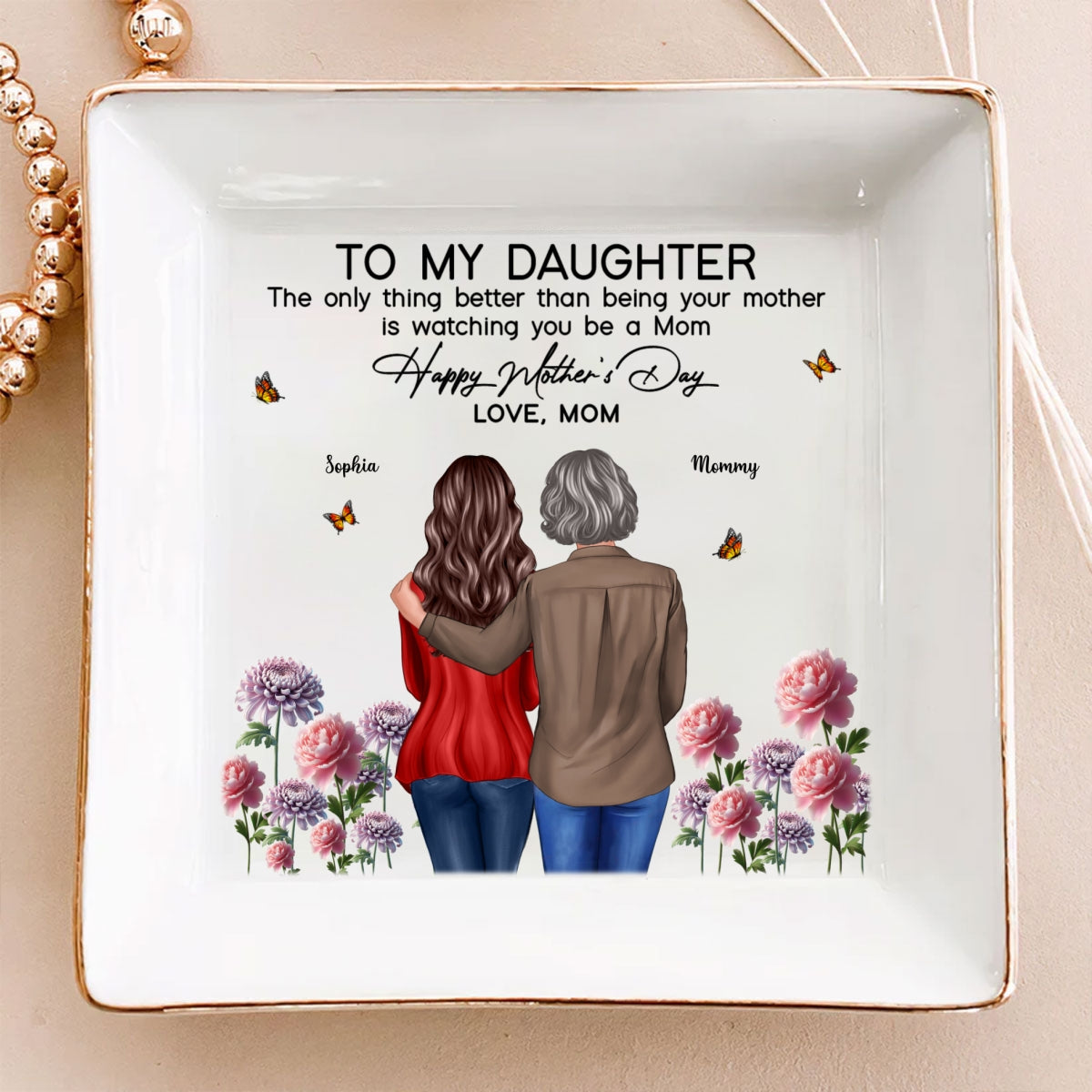 To My Daughter From Mom Happy Mother's Day Birth Flower Personalized Jewelry Dish, Mother's Day Gift For Daughter