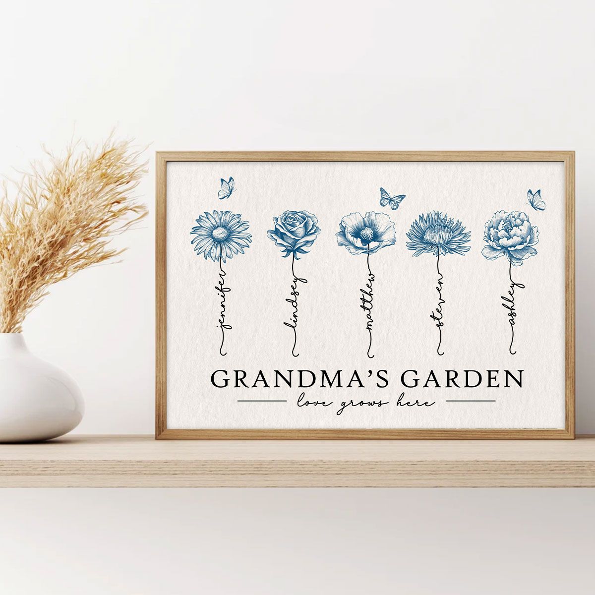 Grandma's Garden Love Grows Here Blue Vingtage Birthmonth Flowers Personalized Canvas, Grandkids Names Floral Gift
